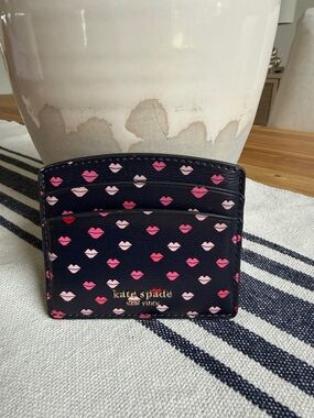 kate spade Black Card Holder with Pink & Red Lip Print